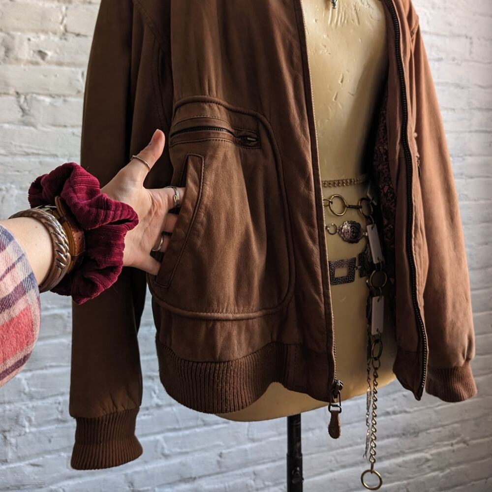 Vintage Brown Genuine Leather Bomber Jacket Aviator Earthtone Pilot Neutral Coat - Picture 4 of 10
